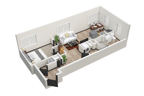 Floor plan for 1 bed, 1 bath, 665 sqft